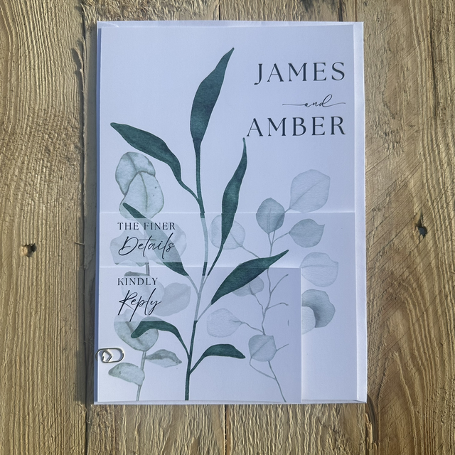 Layered stacked Wedding Invitations with Emerald and sage Green eucalyptus leaves Design – Includes RSVP &amp; Guest Info Cards, Kraft or White Envelopes