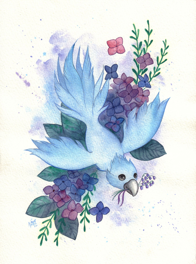Illustration originale aquarelle - Chocobo bleu