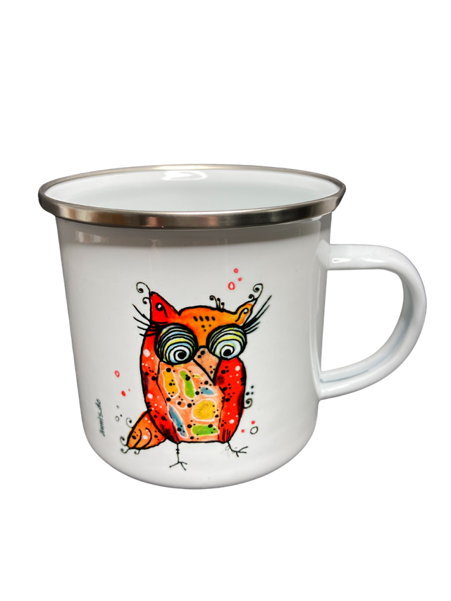 Emailletasse "Rote Eule"