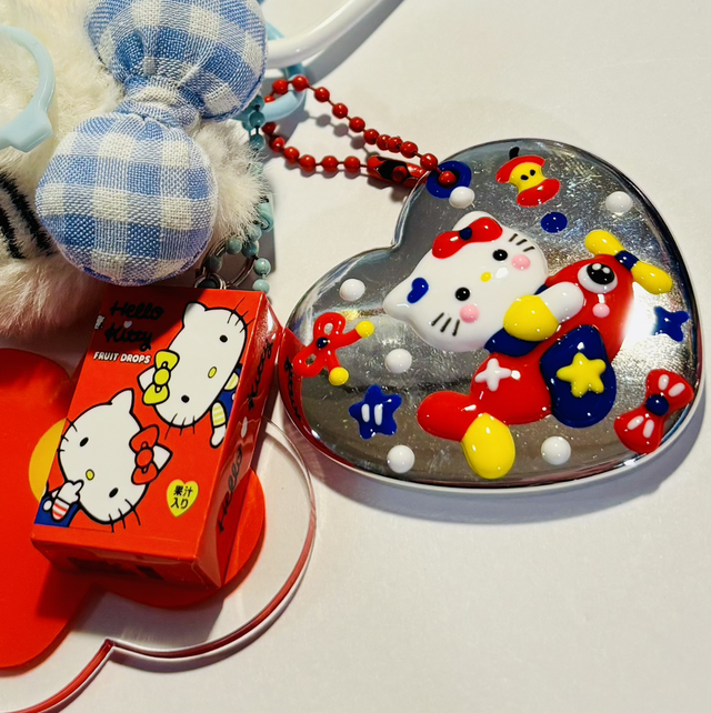Hello Kitty plush pendant charm with handpainted mirror & matching charms BLUE design