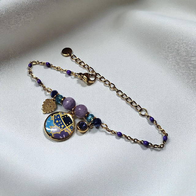 bracelet acier inoxydable motifs japonais bleu et violet doré