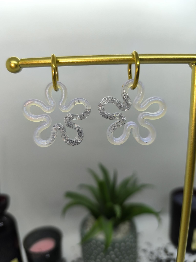 Pampilles interchangeables FLORA bicolore blanc nacré bleu et feuilles argentées 