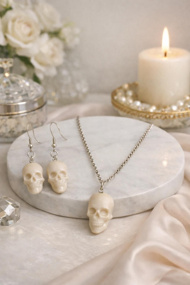 Parure boucle d'oreille et pendentif SKULL blanc nacré 