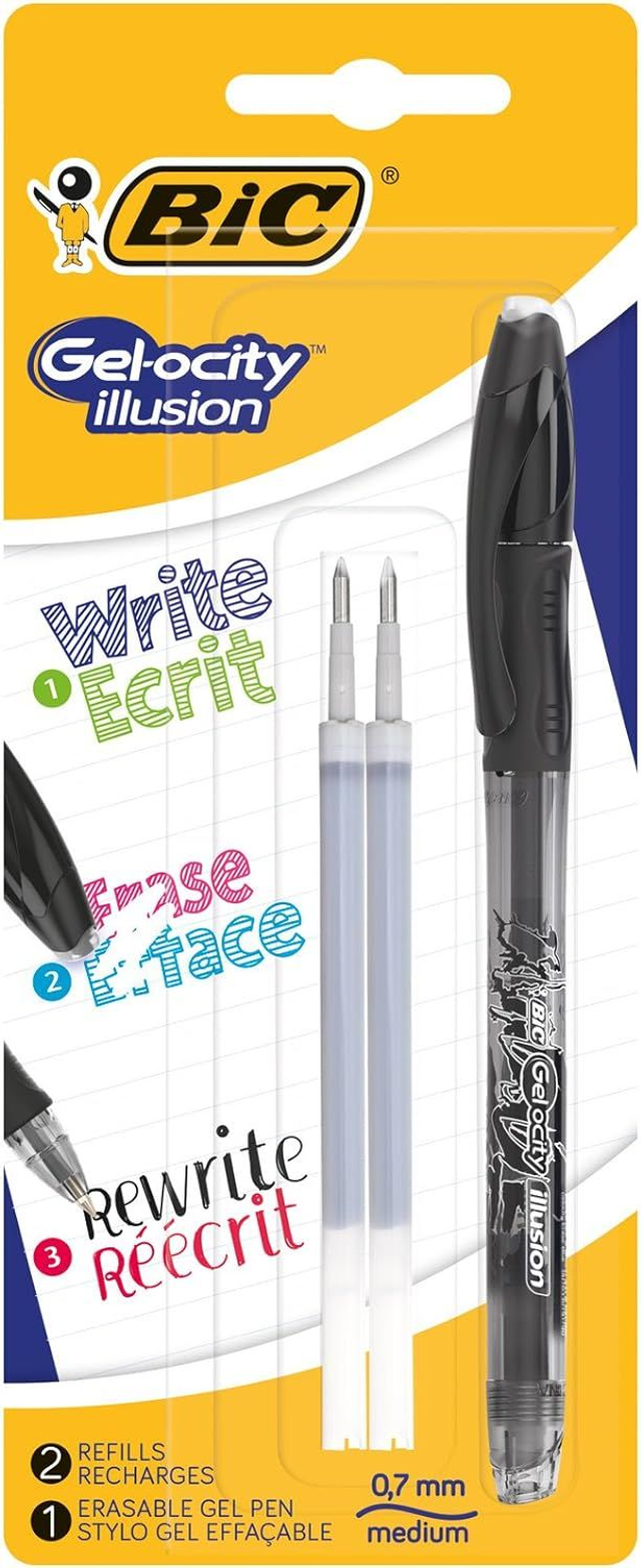 BIC Ecriture Gel-ocity Illusion Stylo Gel Effaçable Pointe Moyenne (0,7 mm) - Noir, Blister de 1 + 2 Recharges