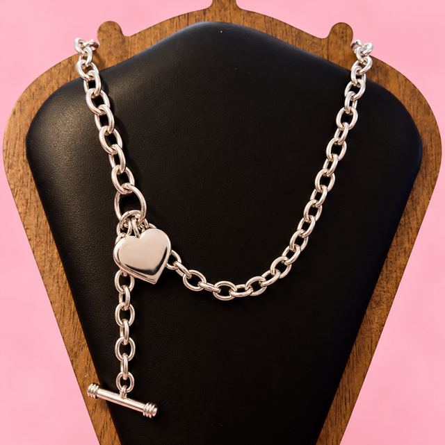 925 Sterling Silver T-Bar Belcher Link With Heart Pendant