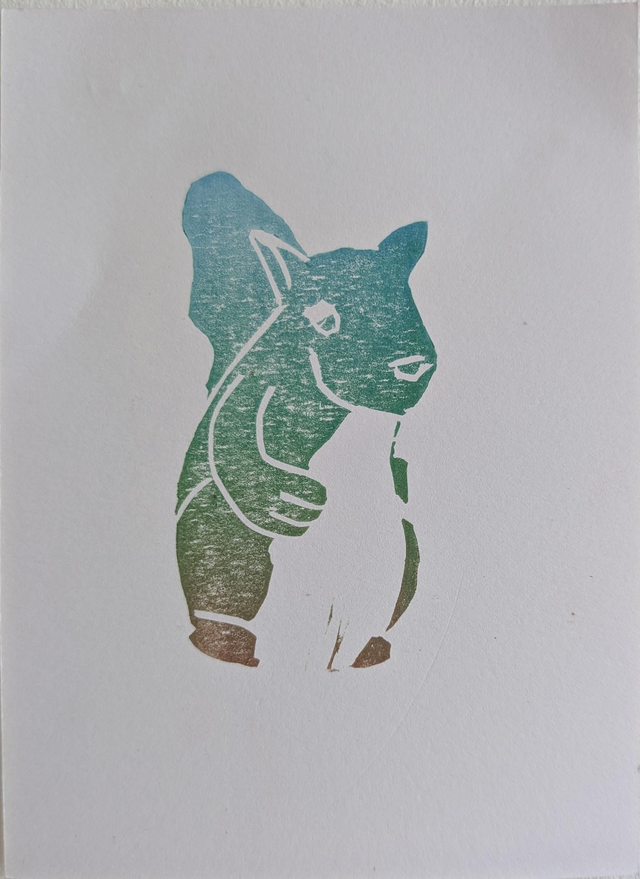 Lino print of Doug