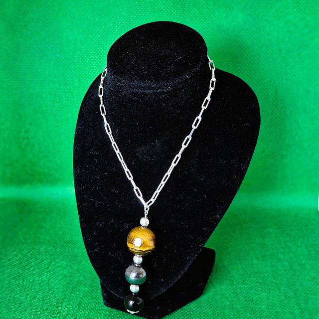 Triple Protection Necklace – Sterling Silver with Tiger’s Eye, Obsidian & Hematite Sterling Silver Paperclip Chain