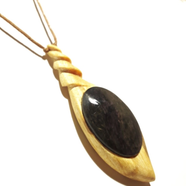 Manto Huichol Obsidian Necklace With Hand Carved Palo Santo Wood 