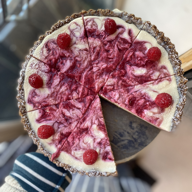 White chocolate, cardamom, & raspberry tart