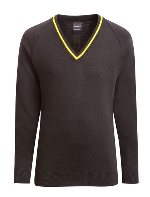 Second Hand Unisex Black V Neck Jumper with a Yellow stripe