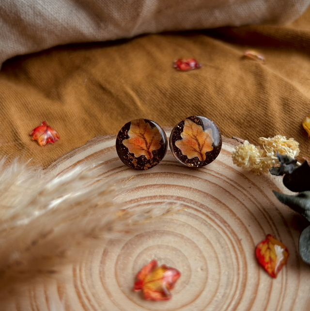 Autumn Leaf Stud Earrings - Deep Bronze, Copper and Orange
