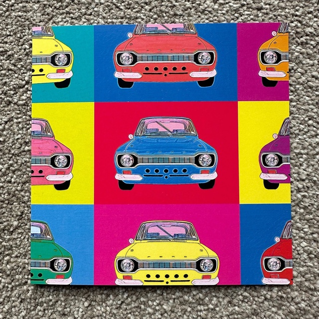 9 Mexicos, Pop Art Ford Escort Mexico - Single Square Greeting Card, White Envelope, Blank Inside, Recyclable Wrap, Professionally Printed.