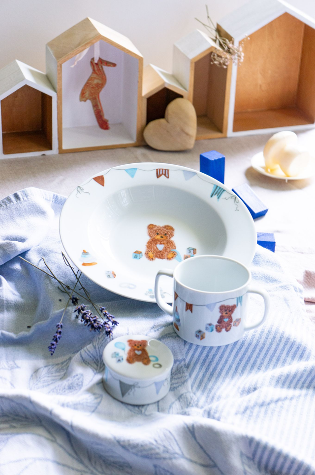 Ensemble premiers repas de bébé en porcelaine ourson à personnaliser assiette, mug, boite à dents, cadeau de naissance