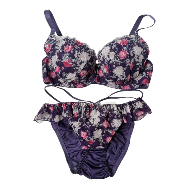 Purple flroal embroidered Japanese Bra + Underwear Set UK 32C