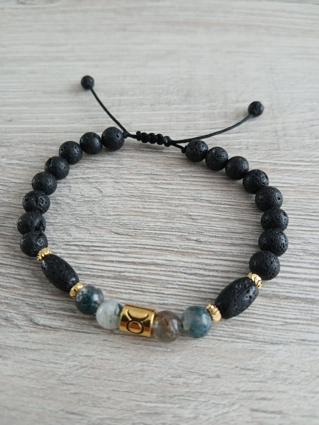 Sterrenbeeld armband Stier - Mosagaat & Lavasteen - verstelbaar (7.022)