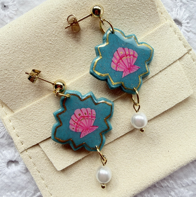 Pink Seashell Teal Tile Shaped Pearl Drop Earrings
