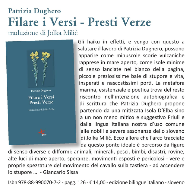 Patrizia Dughero, "Filare i versi - Presti Verze", (trad. di Jolka Milič), NUOVA EDIZIONE qudulibri 2025