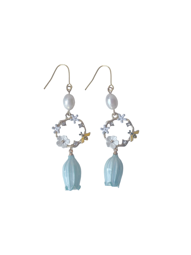 Lilian Lily of the Valley Flower and Bee Drop French Hook Earrings