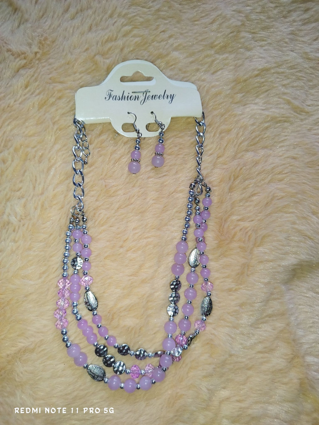Parure perles rose mauve &amp; argent – Collier multi-rangs &amp; boucles assorties