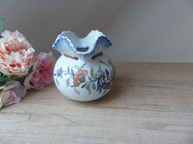 Vide Poche Forme Bourse Corne d'Abondance Décor Rouen Céramique Bleu Française fait main Géo Martel Vintage, Cadeau Mariage Amour Chance