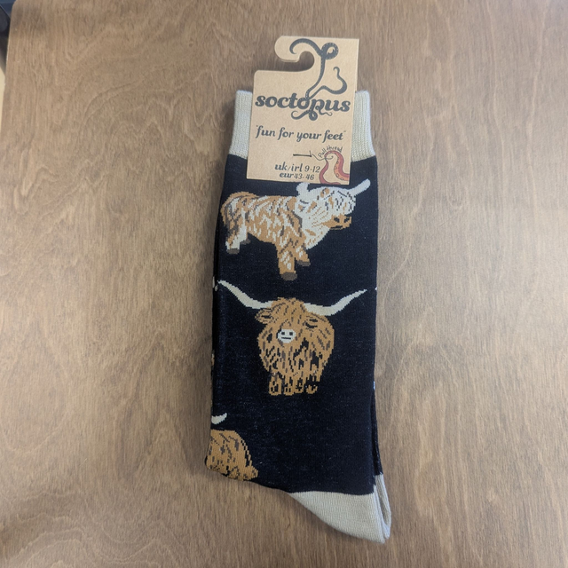 Highland Coo Socks - Adult 9-12, Black/tan