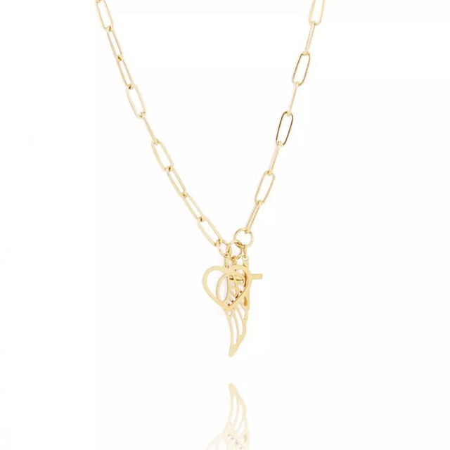 collier en acier chirurgical plaqué or 14 carats avec pendentif croix, coeur, et aile d&#039;ange