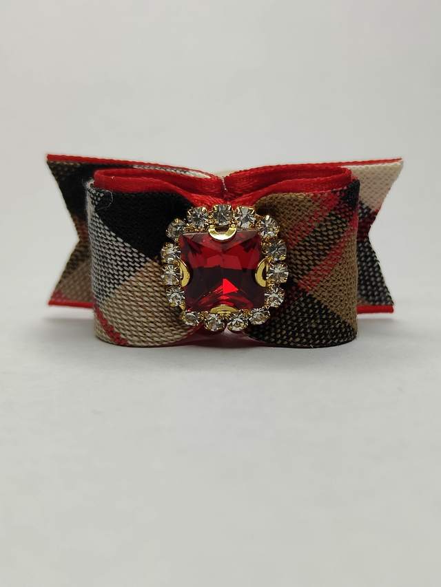 Noeud pour chien fantaisie-tartan rouge strass carré