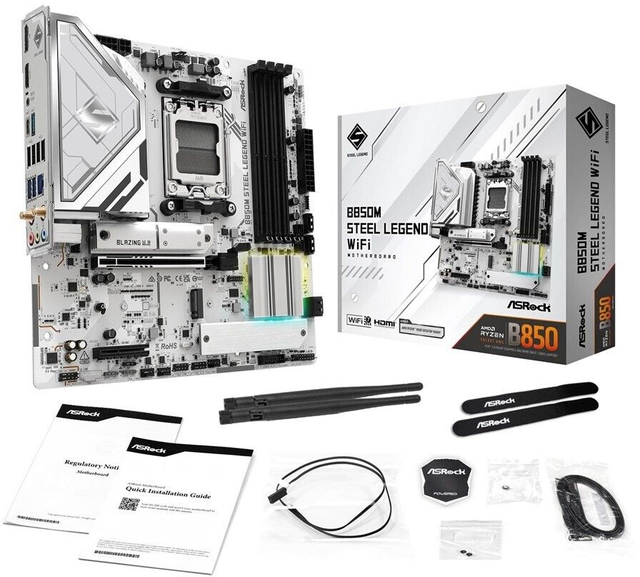 02.2.0121 – Scheda Madre ASRock B850M Steel Legend WiFi – Micro‑ATX mid‑range bianca/argento con WiFi 7 per Ryzen 7000/8000/9000