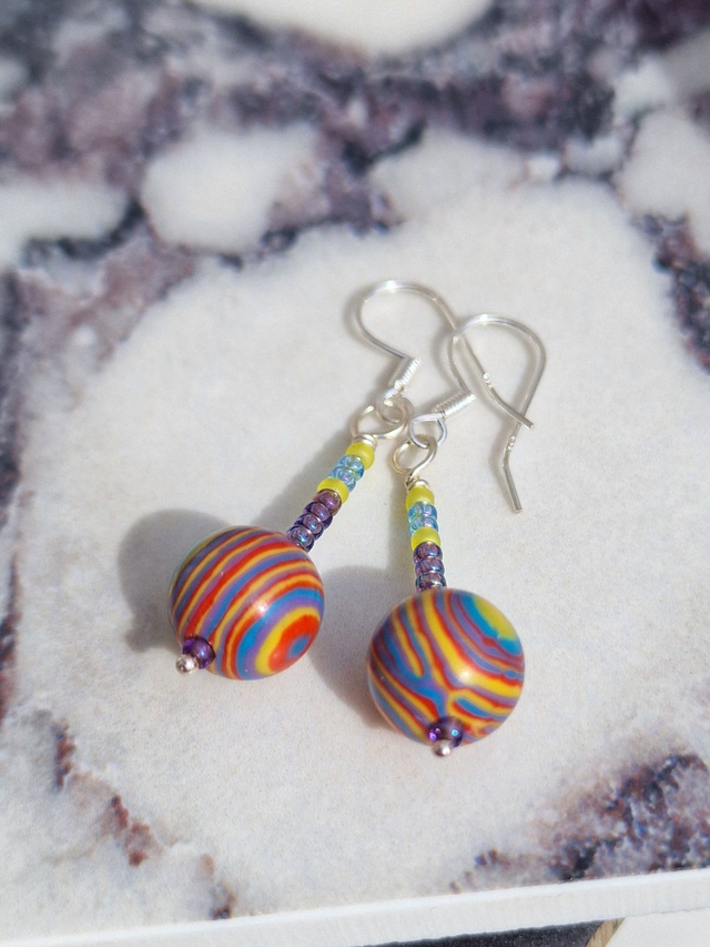 Summer fun! Bright colourful 10mm Fordite style acrylic bead recycled 925 silver drop earrings. Purple &amp; Yellow. (1)
