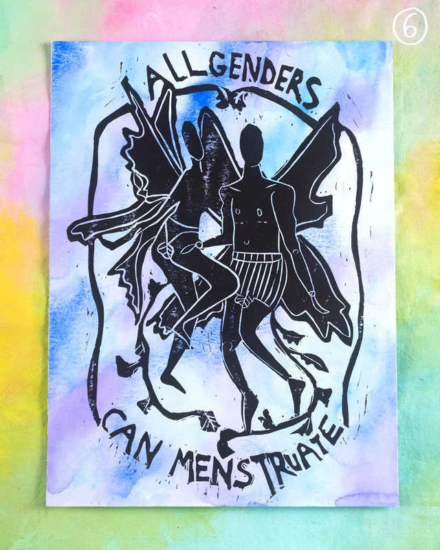 Linogravure "All genders can menstruate"