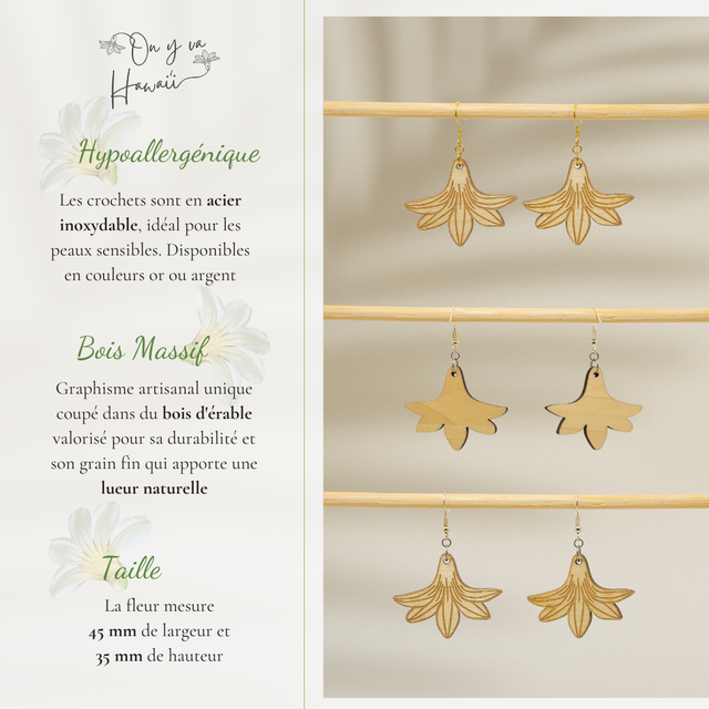 Boucles d'oreilles en Bois / Wood Earrings - Naupaka Kahakai