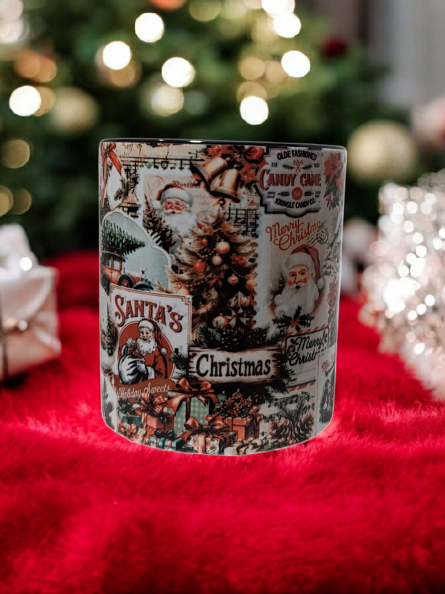 Tasse en Céramique Vintage Noël – Collage Rétro Santa & Décorations Festives