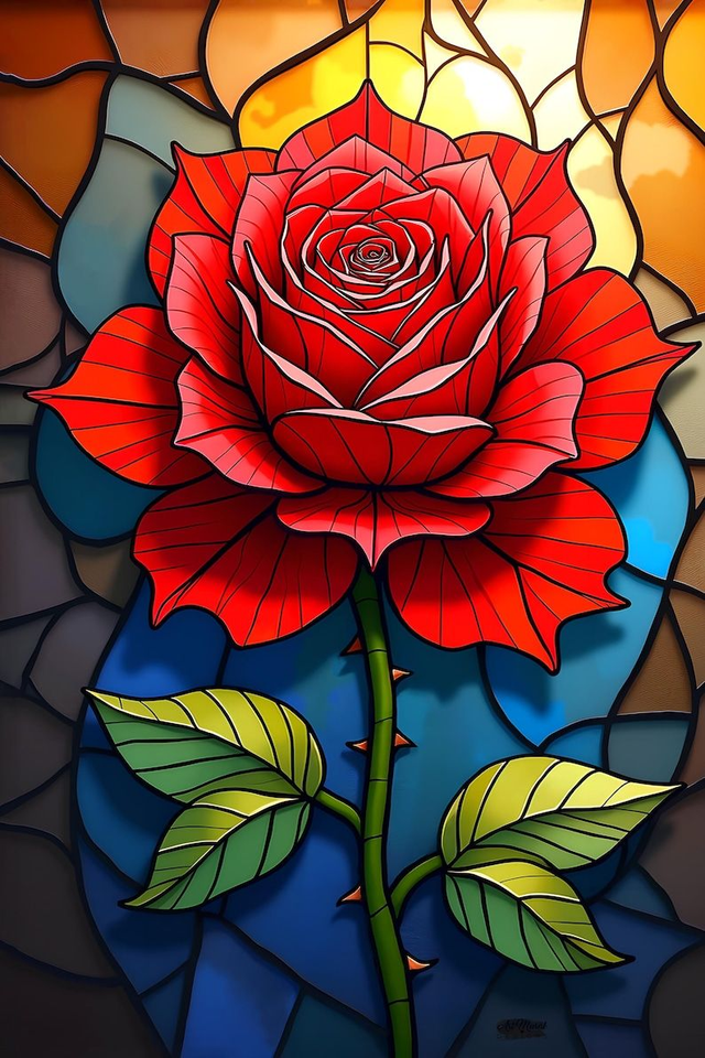 Rose Rouge Vitrail 🌹 | Art Déco Floral & Style Vitrail – Toile/Poster Élégant 🎨