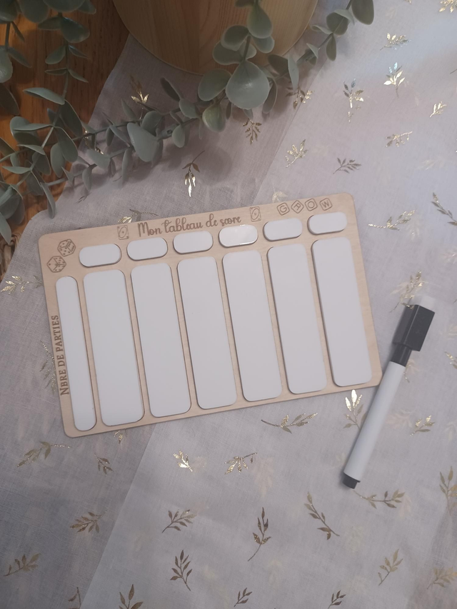 Tableau de scores en bois/acrylique effaçable – Soirées jeux 🎲