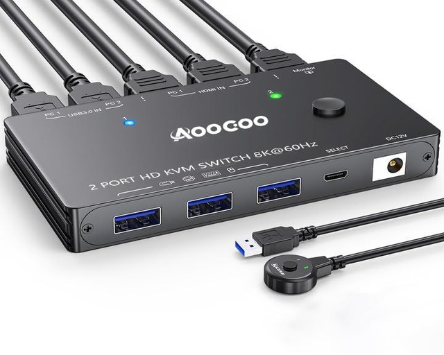 Commutateur KVM HDMI 8K ACOCOO – Double PC avec USB 3.0 &amp; Câble d’Alimentation Inclus