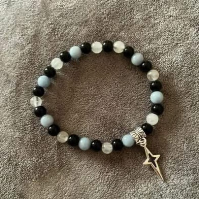Angelite, Clear Quartz, Onyx &amp; star charm 7” bracelet 