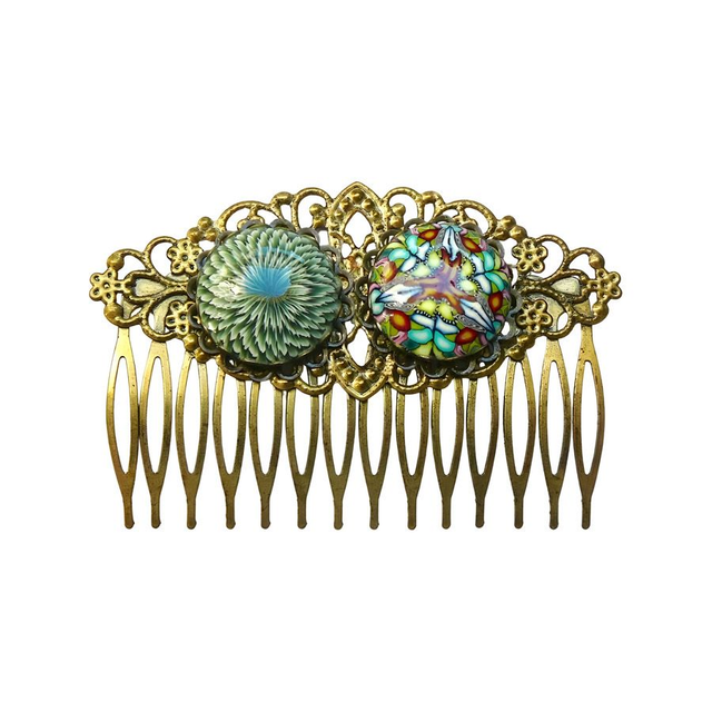 Peigne rétro double cabochon vert