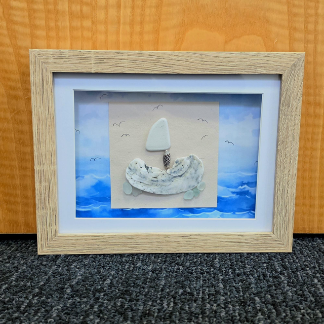 Sea Glass and Shell Boat 6x8" cm Framed.