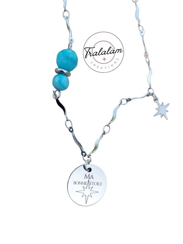 ✨Collier argenté MA BONNE ETOILE perles bleu lagon✨