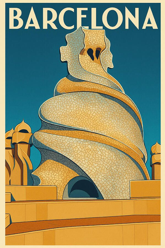 Póster vintage de viaje desde la azotea de la Casa Milà de Barcelona