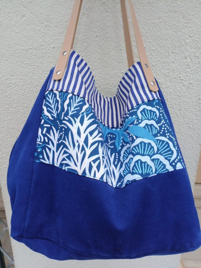 Grand sac cabas cube fait main harmonie bleue multi matières