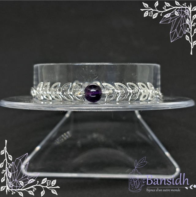 Bracelet chaine feuille et perle de pierre Améthyste