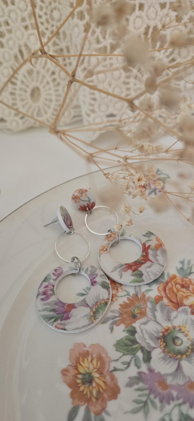 Paire de boucles d'oreilles - RCF France porcelaine - acier inoxydable argenté 