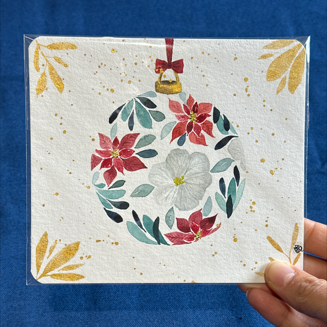 Carte de Vœux Poinsettia aquarelle originale + étiquette cadeau