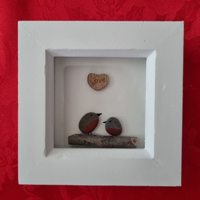 Irish, Hand crafted Pebble Art Love Frame with Robins