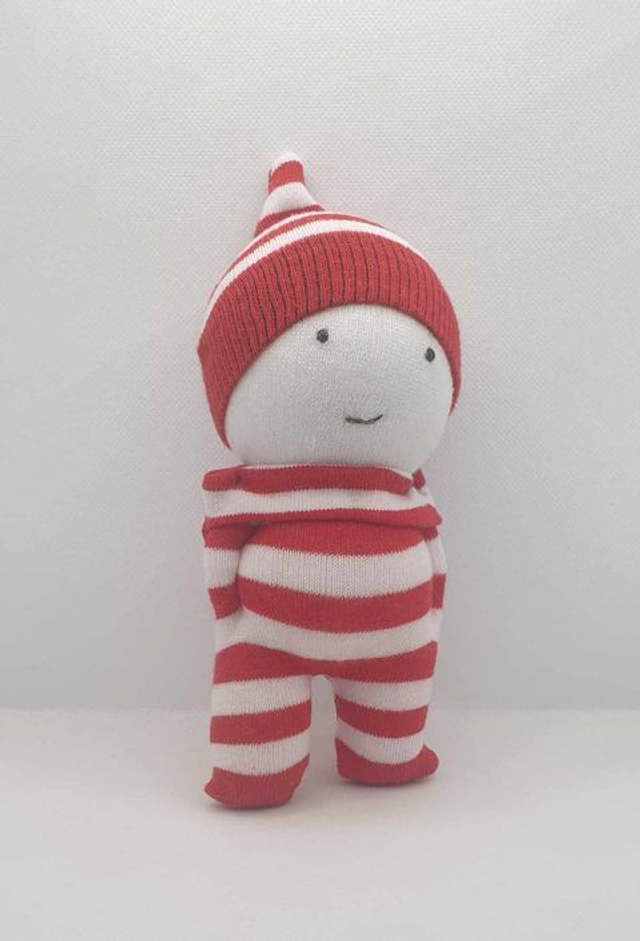 Doudou-chaussette rayé rouge et blanc bonnet pointu (turlututu !)