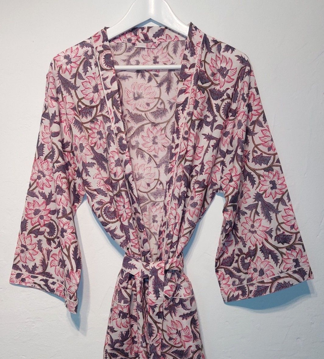 Robe kimono en coton, peignoir, robe de chambre, imprimé à la main, motif floral rose et gris, L.100cm