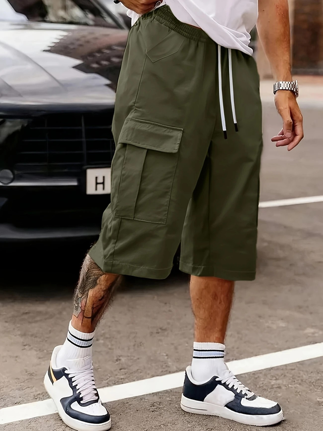 Men's Elastic Drawstring Waist Cargo Shorts with Large Side Pockets