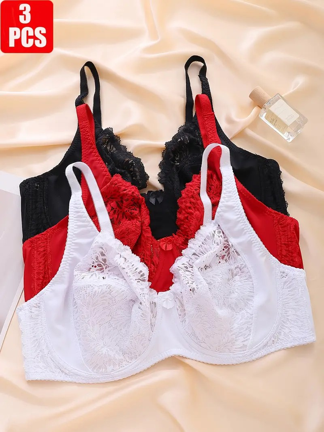 3pcs Ultra-Thin Plus Size Women's Lace Underwire Bras