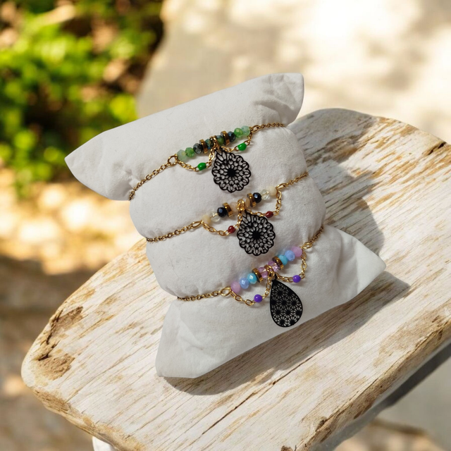 Bracelet acier inoxydable noir bordeaux et beige doré